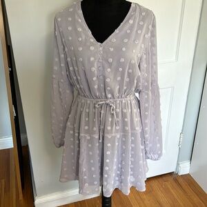 Lavender lined chiffon wedding guest dress.